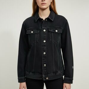 H&M Divided Womens Black Denim Trucker Jacket Faded Wash Jean Coat Pocketed